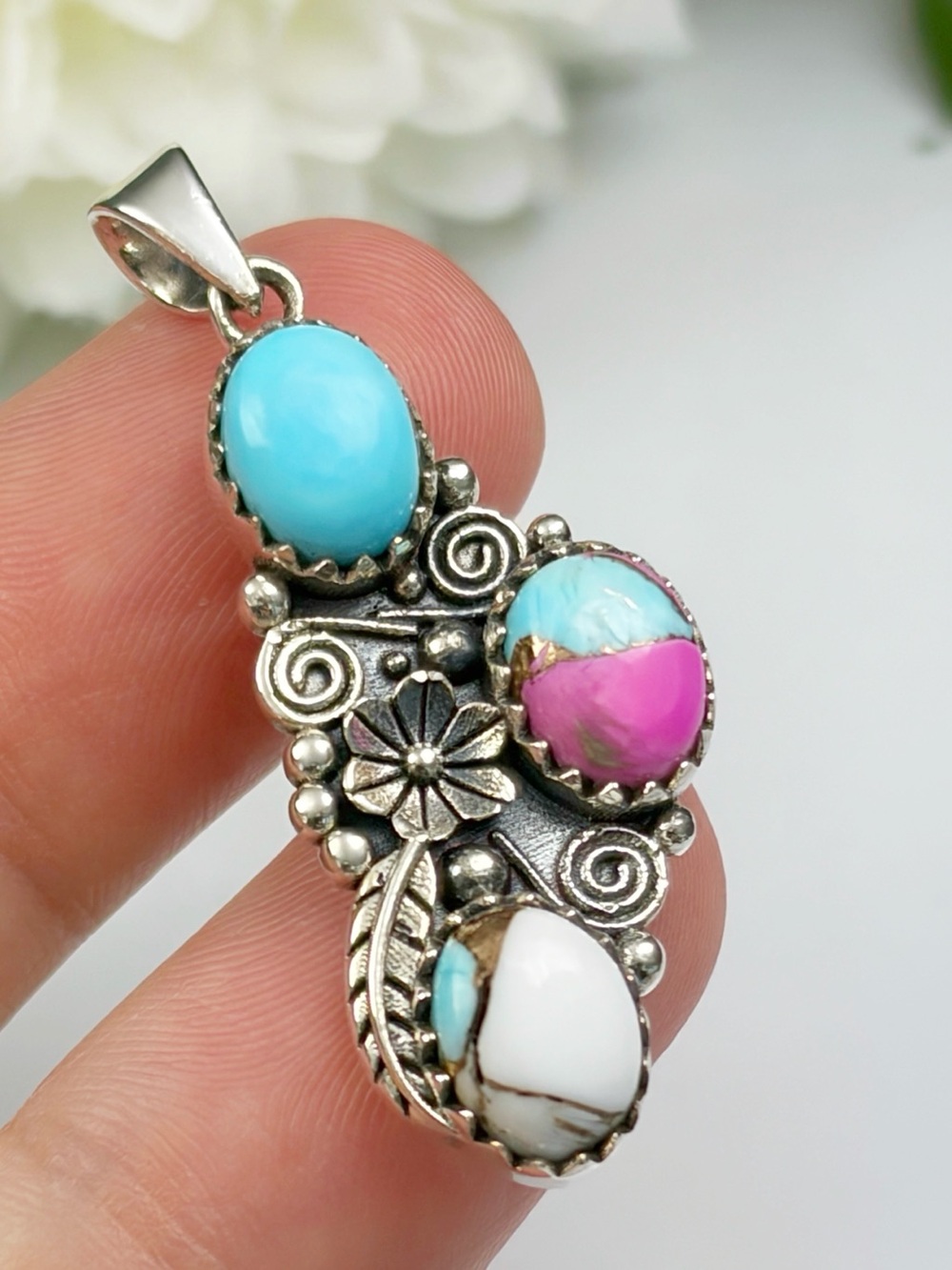 Pure Sterling Silver 925 Genuine Cotton Candy Dahlia Turquoise Pendant Feather